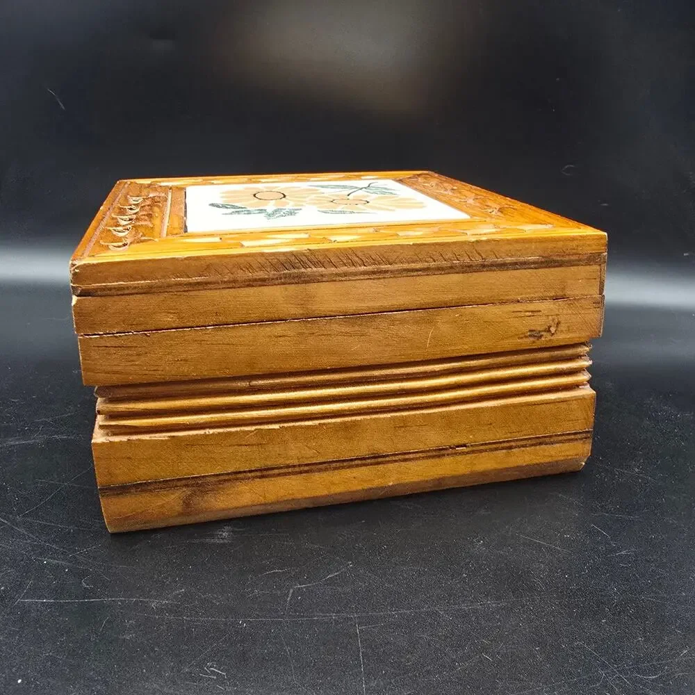 Vintage Floral Tile Wood Box Jewelry Box Trinket Box 1970s